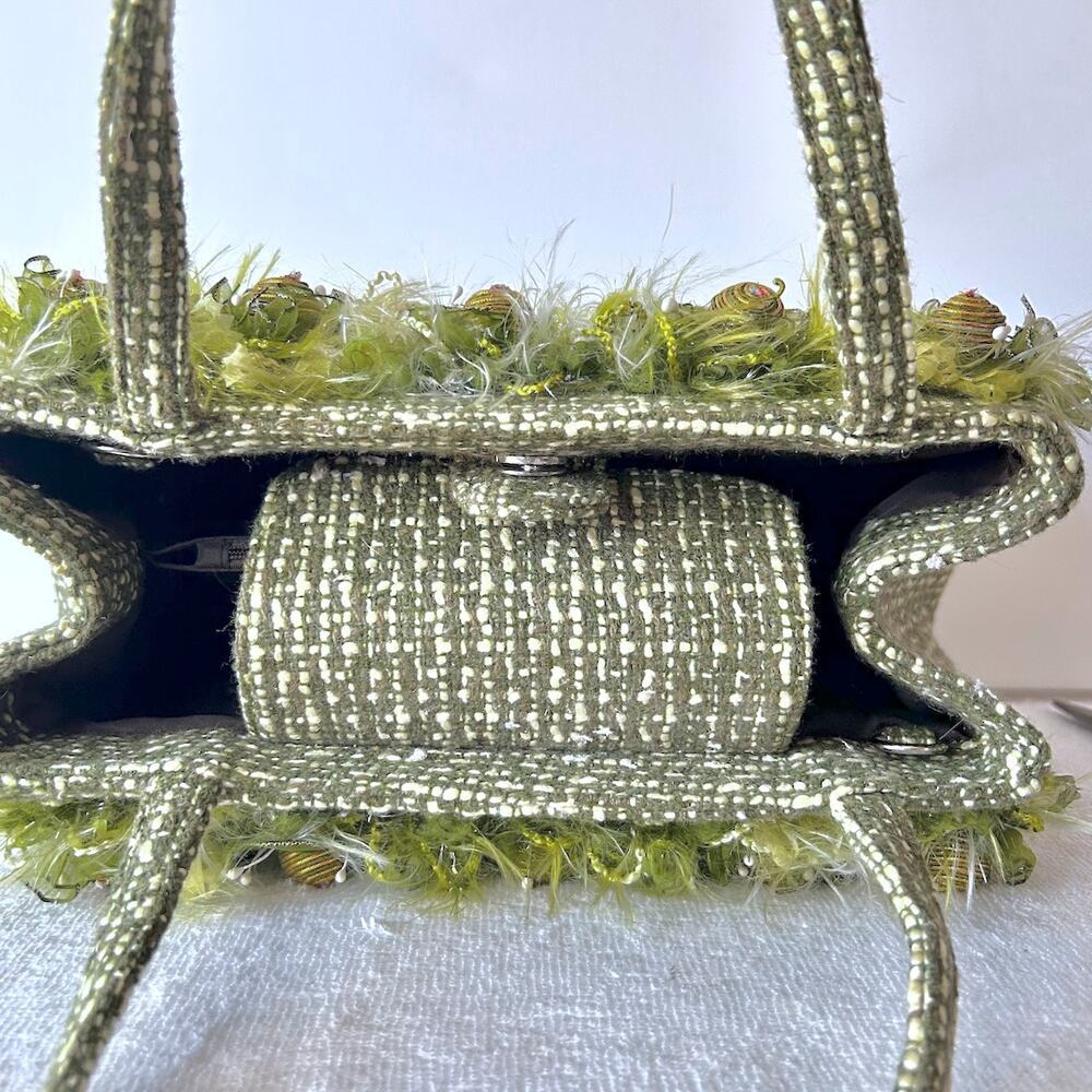 Vintage Y2K Green Preppy Funky Beads Tweed Cottage Girly Handbag Purse - Picture 7 of 11